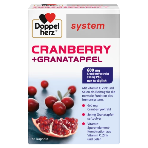 Abbildung der Produktverpackung Doppelherz system CRANBERRY + GRANATAPFEL Frontansicht